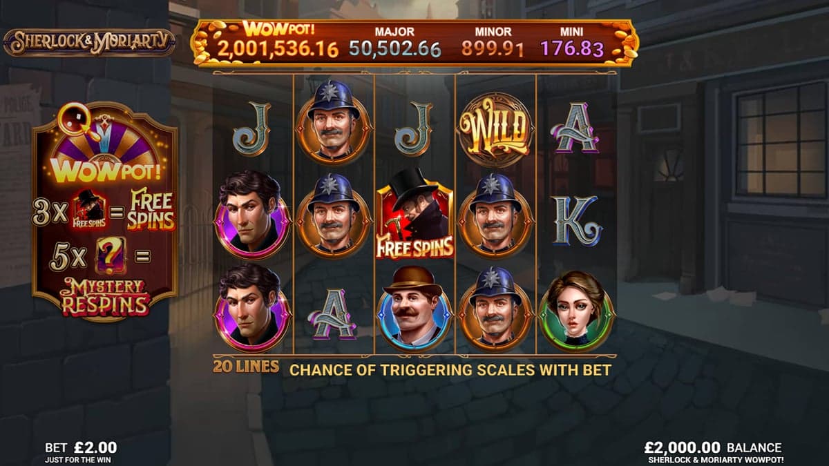 Sherlock & Moriarty WowPot base game screenshot — 5×3 reels, jackpot meter at top