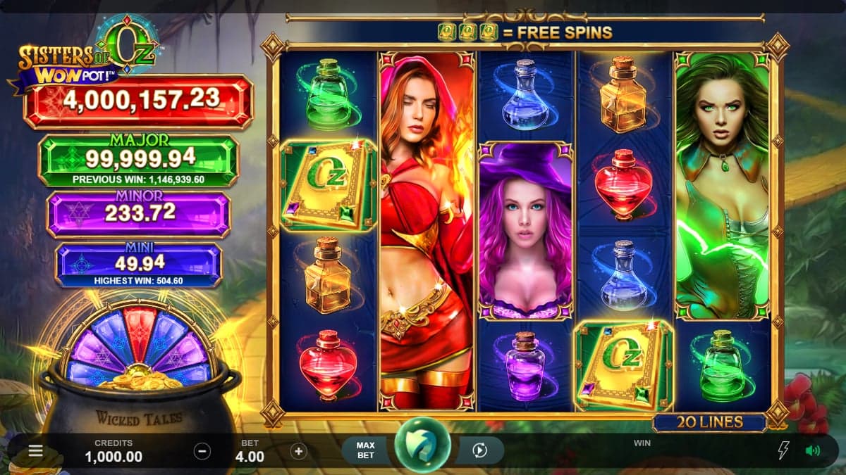 Sisters of Oz WowPot base game screenshot — 5×4 reels, jackpot meter at top