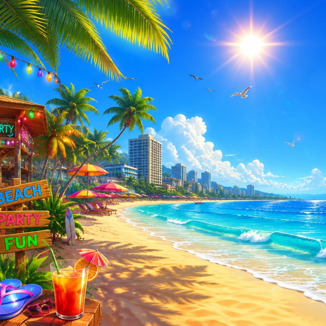 Spring Break key art — Beach party themed slot by Microgaming, 2004