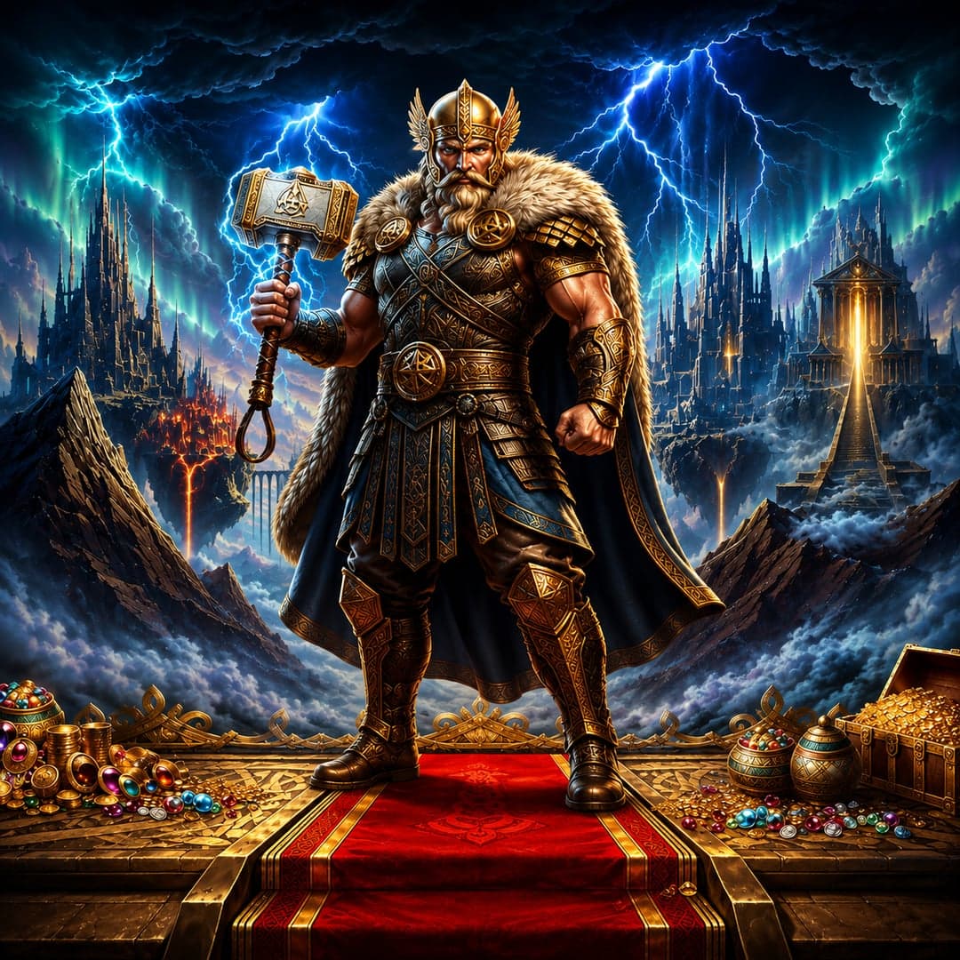 Thor: Realms of Fortune key art — Norse mythology — Thor defending Asgard with Mjolnir, ravens and lightning themed slot by Infinity Dragon Studios, 2025
