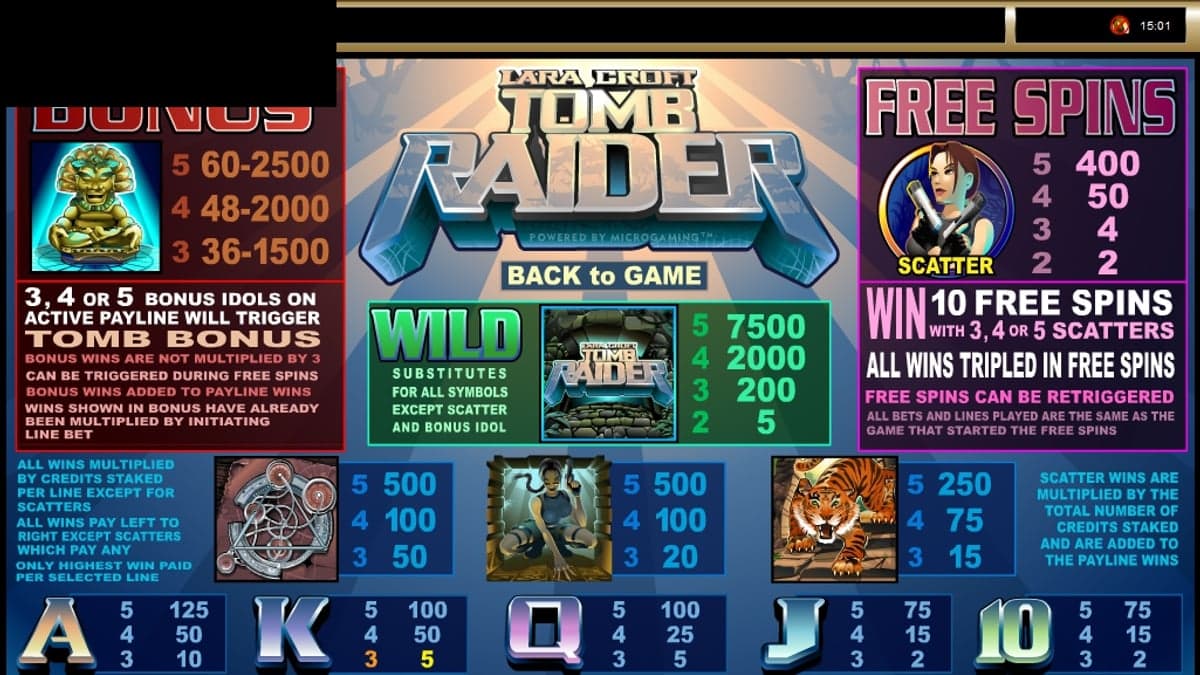 Tomb Raider bonus round screenshot — free spins feature