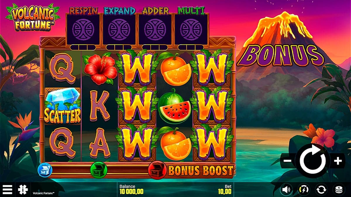 Volcanic Fortune base game screenshot — 5×3 reels