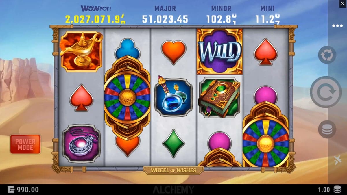 Wheel of Wishes base game screenshot — 5×3 reels, WowPot jackpot meter at top