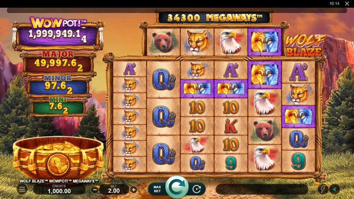 Wolf Blaze Megaways WowPot base game screenshot — 6×7 reels, jackpot meter at top
