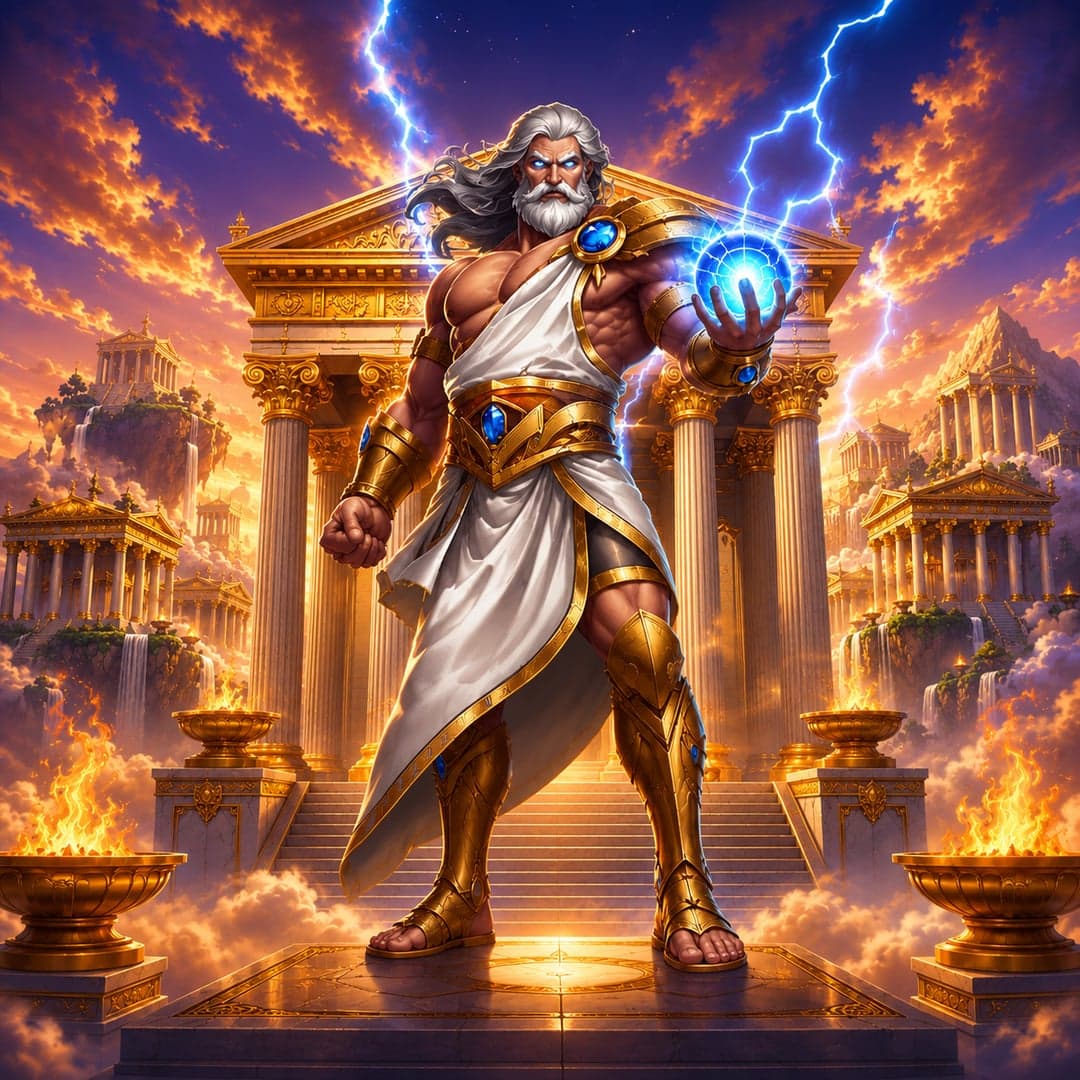 Zeus Royale key art — Greek mythology — Zeus, Medusa and legendary battles on Mount Olympus themed slot by Wishbone, 2025